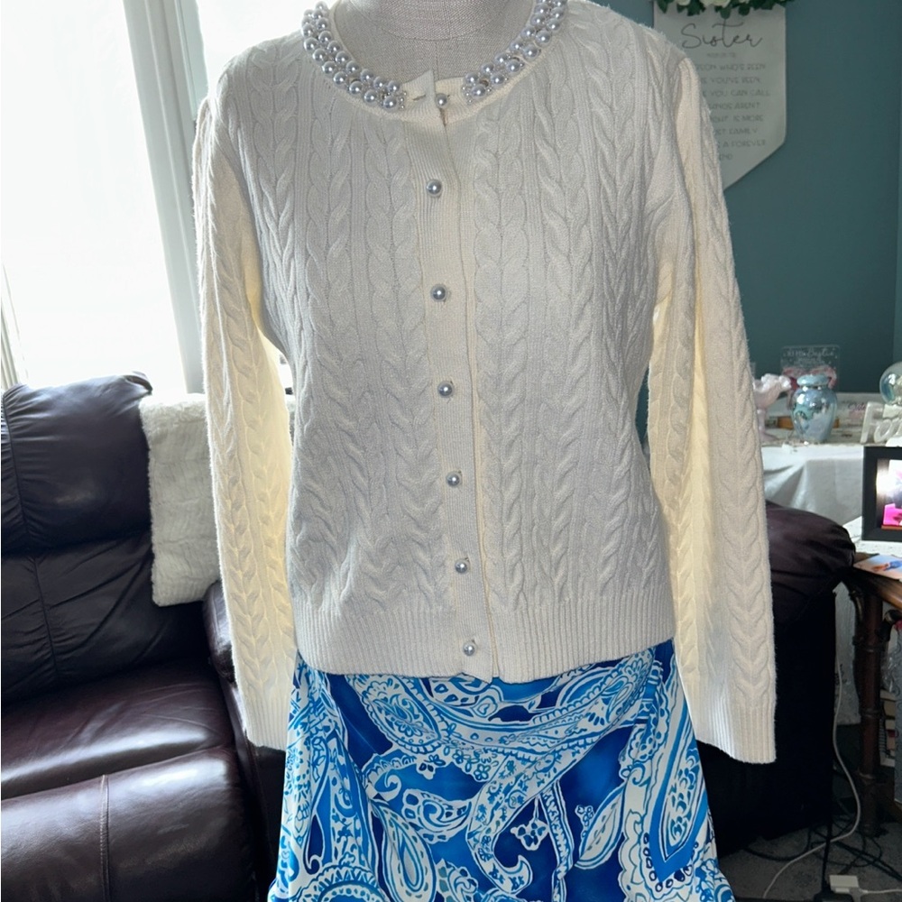 Adrianna Papell Pearl-Button Cream Cable Knit Cardigan Size Medium
